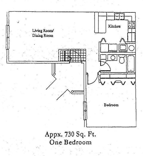 A floor plan of a one bedroom apartment is shown.